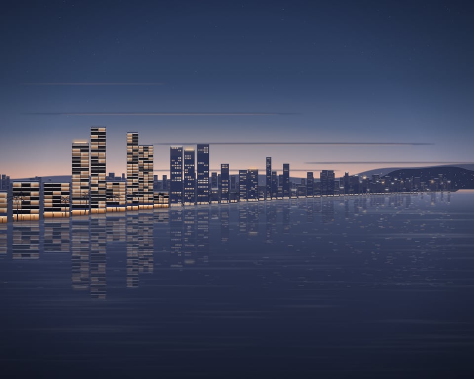 Illustration: a long beach front at dusk, seen from the water, lower buildings stretching away towards the hills.