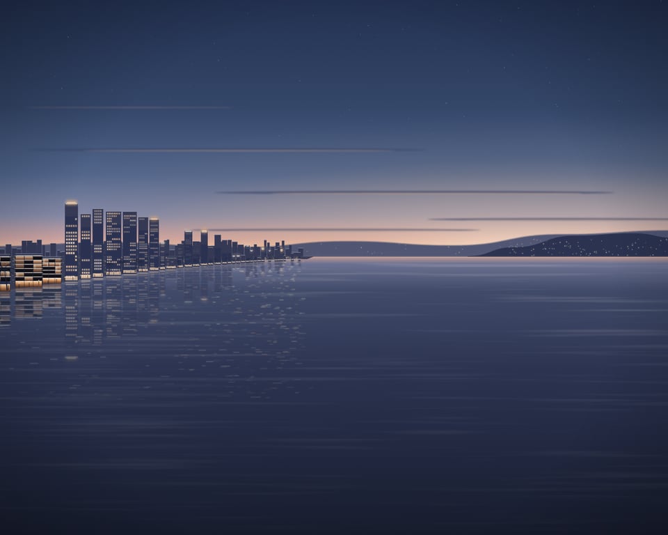 Illustration: a quiet shore at dusk, seen from the water, low buildings below a dark headland.