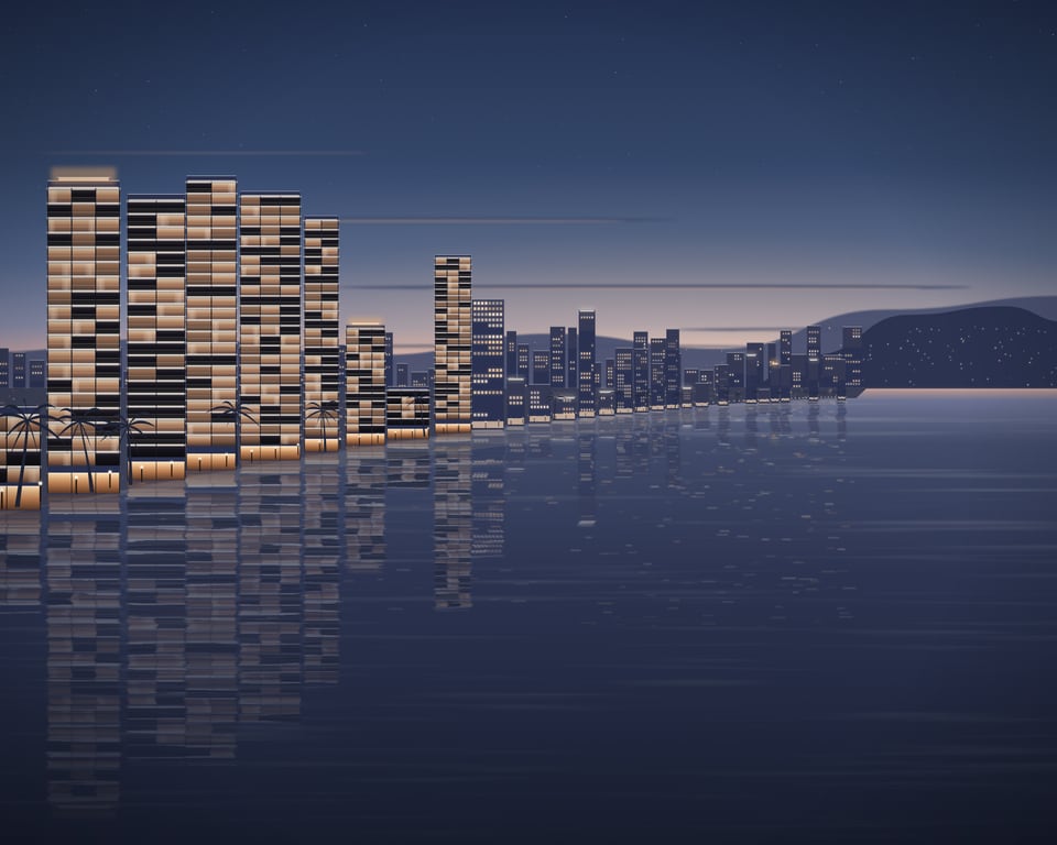 Illustration: the Pattaya coastline at dusk, seen from the water, the towers of the town along the curving bay.