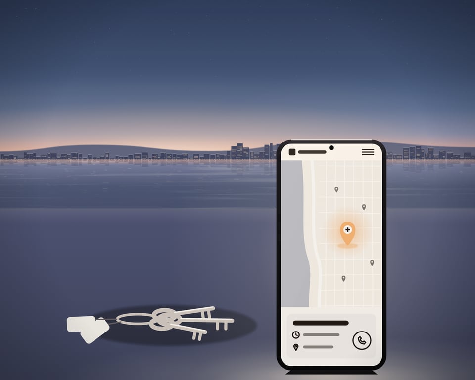Illustration mit einem Telefon auf einer Theke in der Dämmerung: eine Karte der Küste, das nächste Krankenhaus hervorgehoben, seine Zeiten und ein Anrufsymbol.