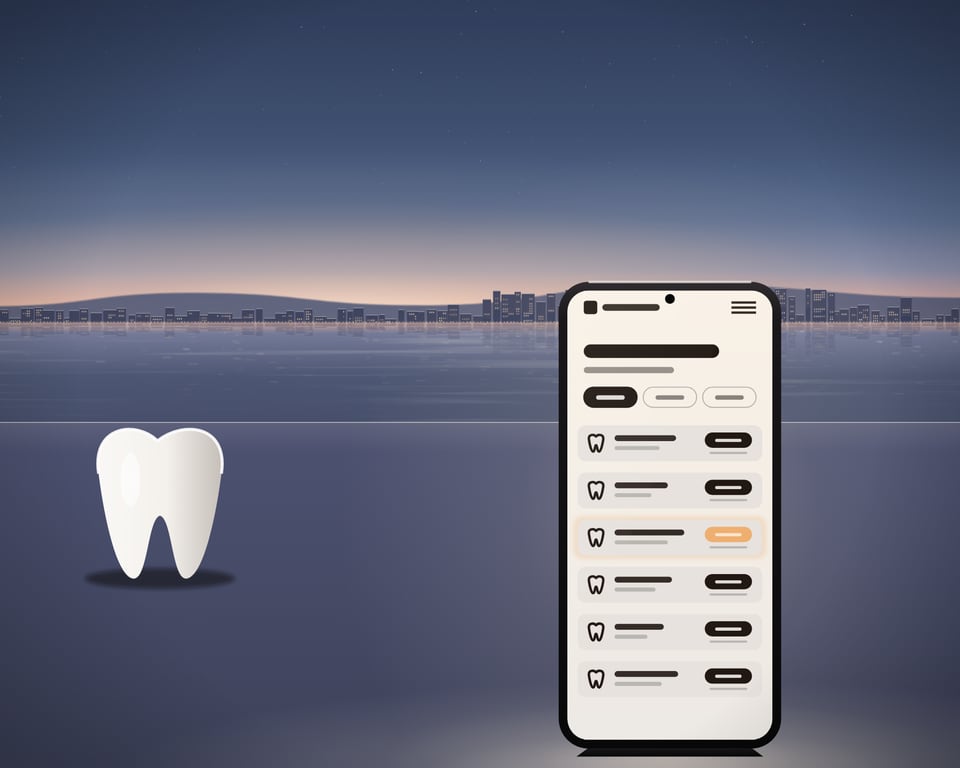 Illustration mit einem weißen Zahnmodell neben einem Telefon, das Zahnarztpreise Zeile für Zeile vergleicht.