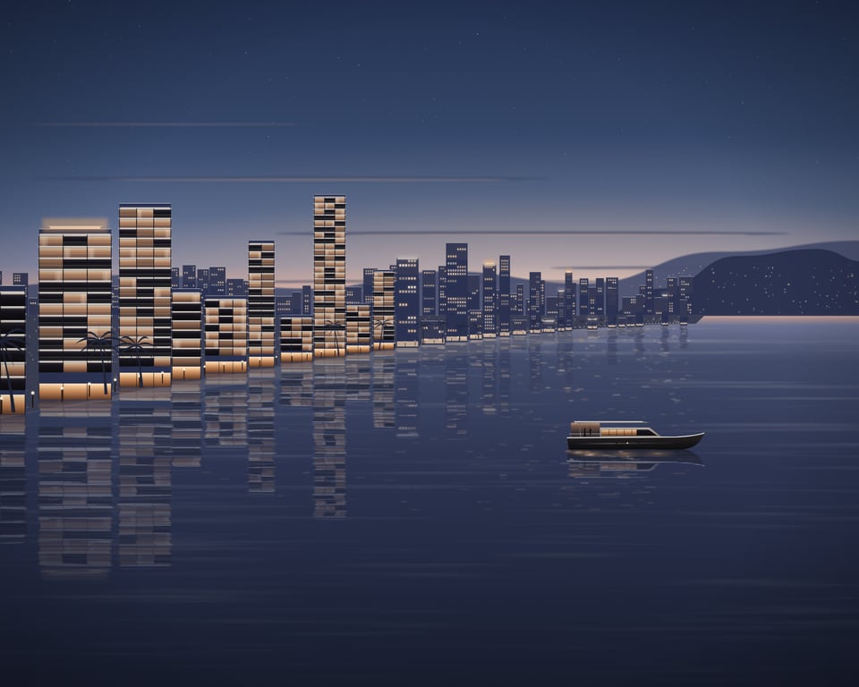 Illustration: Pattaya Bay at dusk, the city’s towers along the shore and a boat on the calm water.