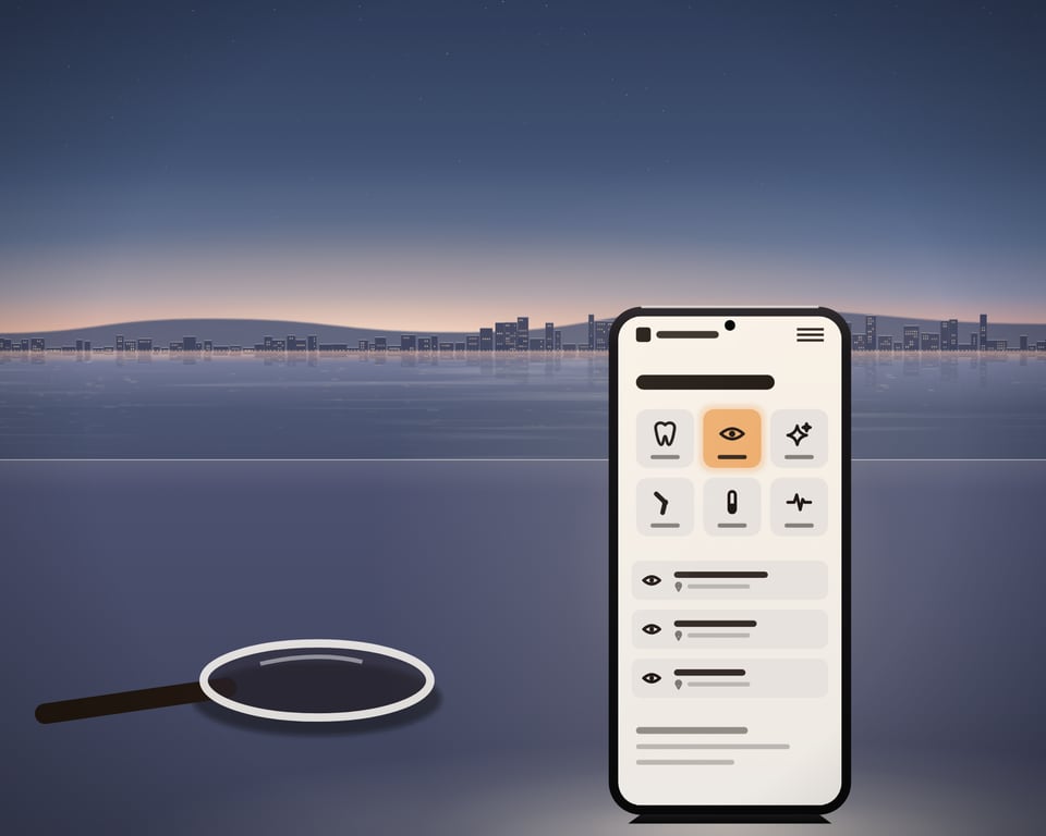 Illustration mit einem Telefon, das Zeichen für Fachrichtungen zeigt, eine davon gewählt, neben einer Lupe.